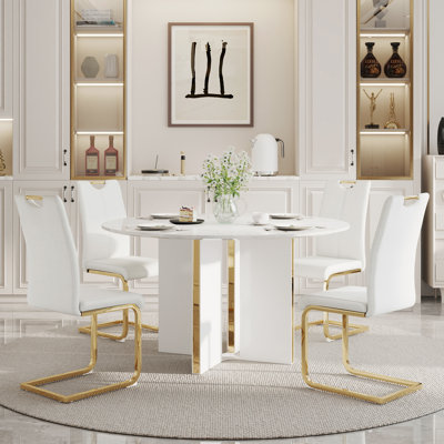Ensemble de table de salle à manger rond en marbre avec chaises modernes en similicuir, ensemble de coin-repas pour appartement et petit espace