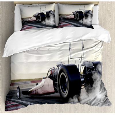 Ambesonne Cars Duvet Cover Set, Dragster Racign down Track, Calking, Grey Black White -  nev_46050_calking