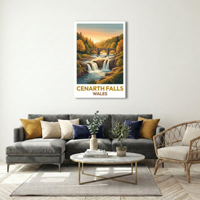 Cenarth Falls, Wales - Romantic Waterfalls Travel Poster, Vintage Scenic Art. Giclee Print On Wrapped Canvas. Wall Art, Home Decor - Natural Landmarks, Wales - Wrapped Canvas Print