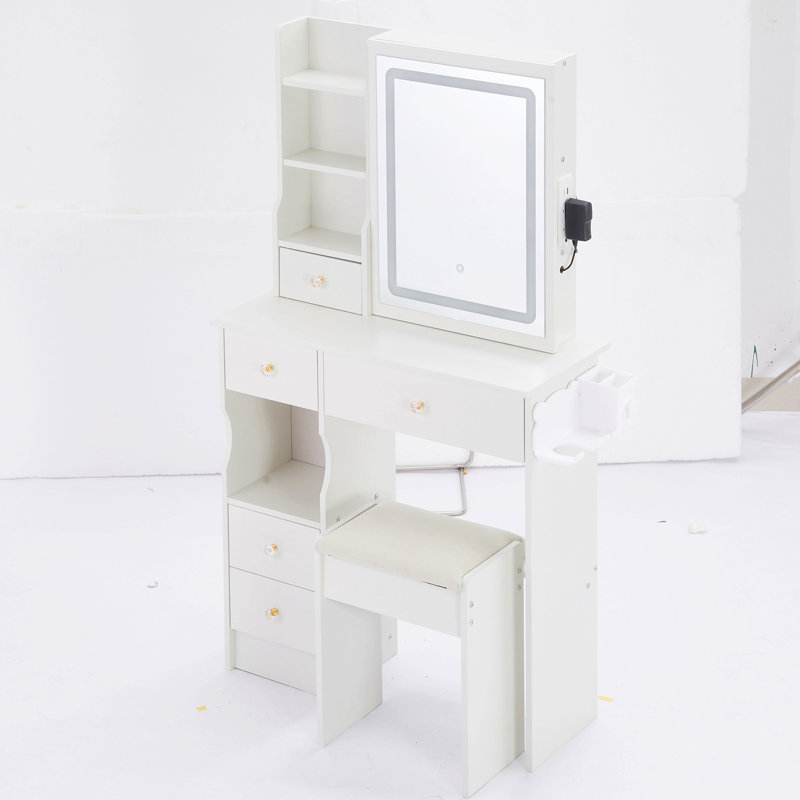 29.2" Small Size Left Drawer Desktop Vanity Table With Cushioned Stool, 2 Ac+2 Usb Power Station, Hair Dryer Bracket, Extra Large Touch Control Sliding Led Mirror, Tri-Color Switching