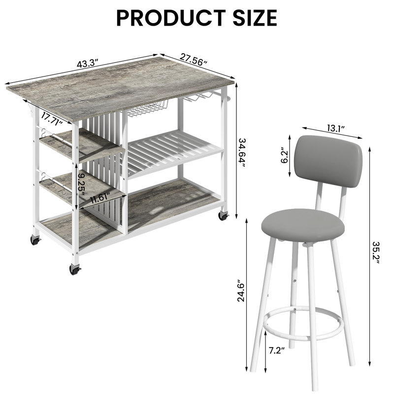 Ensemble de table de bar 3 pièces, ensemble de table de salle à manger pour 2 personnes, ensemble de table de bar et de chaises avec tabouret en polyuréthane et 4 tablettes de rangement ouvertes, ensemble de table de pub pour les petits espaces