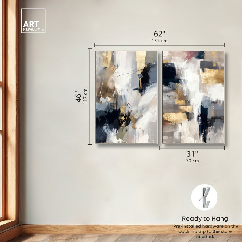 Ensemble de décorations murales boho à impression sur toile dorée et abstraite encadrée par Art Remedy, cadre argenté, 30 x 45
