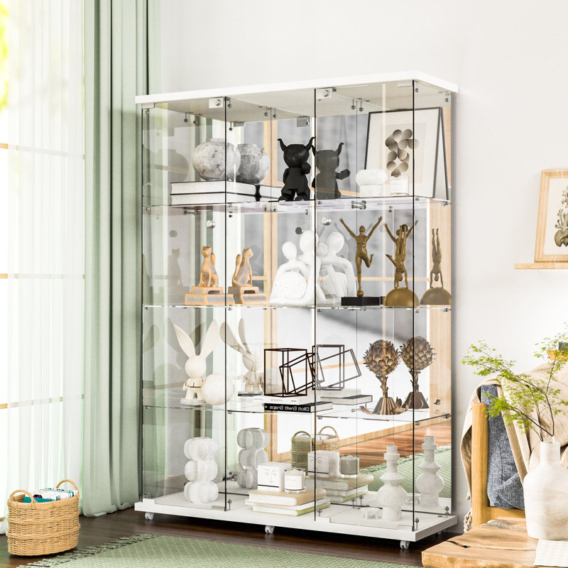 Anneliesse 4-Shelf Glass Display Cabinet with Mirrored Back, 3-Column Tempered Glass Display Case, White