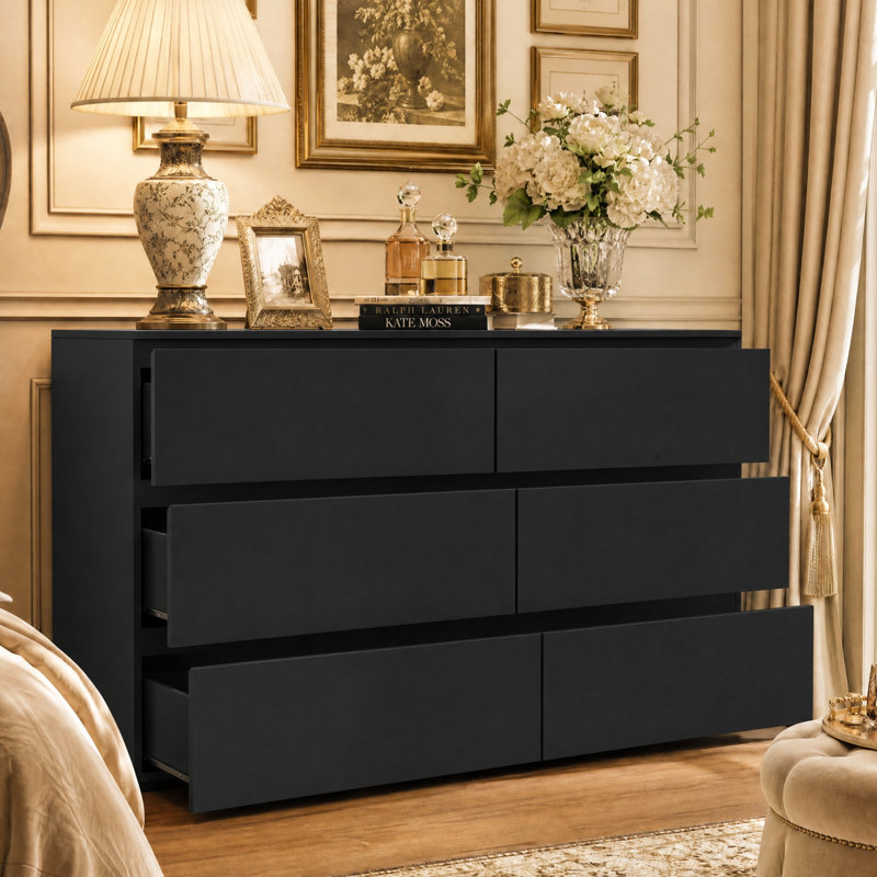 Commode à 6 tiroirs de 47 po de largeur, commode double de rangement pour chambre à coucher avec rangement spacieux et design moderne