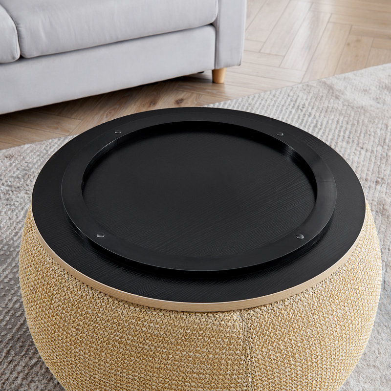 Round Storage Ottoman, Woven Rattan Fabric Ottoman, 2 In 1 Function, Work As End Table And Ottoman,With Small Seat-Nature