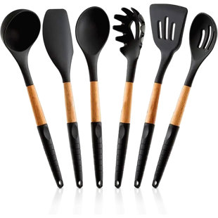 Kitchen Utensils Set Special Edition with Silicon Handle 6 Piece Black 12.9 Inch Length Used for Cooking, Baking, Mixing, Serving