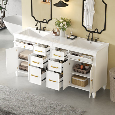 Ensemble de meuble-lavabo autoportant 72 pièces 2 pièces avec comptoir en céramique réversible, configurations à double disposition réversible, six tiroirs à fermeture douce, pieds en bois massif, armoires à tablettes réglables