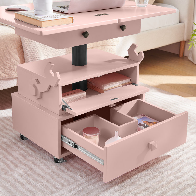 Table de bout roulante à hauteur ajustable laquée ultrabrillante avec station de charge et roues universelles avec freins, table à plateau relevable multifonctionnelle avec tiroirs de rangement pour la chambre à coucher du salon