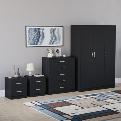 Tayce 4 Piece Bedroom Set (2 Drawer Bedside Chest X2, 5 Drawer Chest, 3 Door Wardrobe)