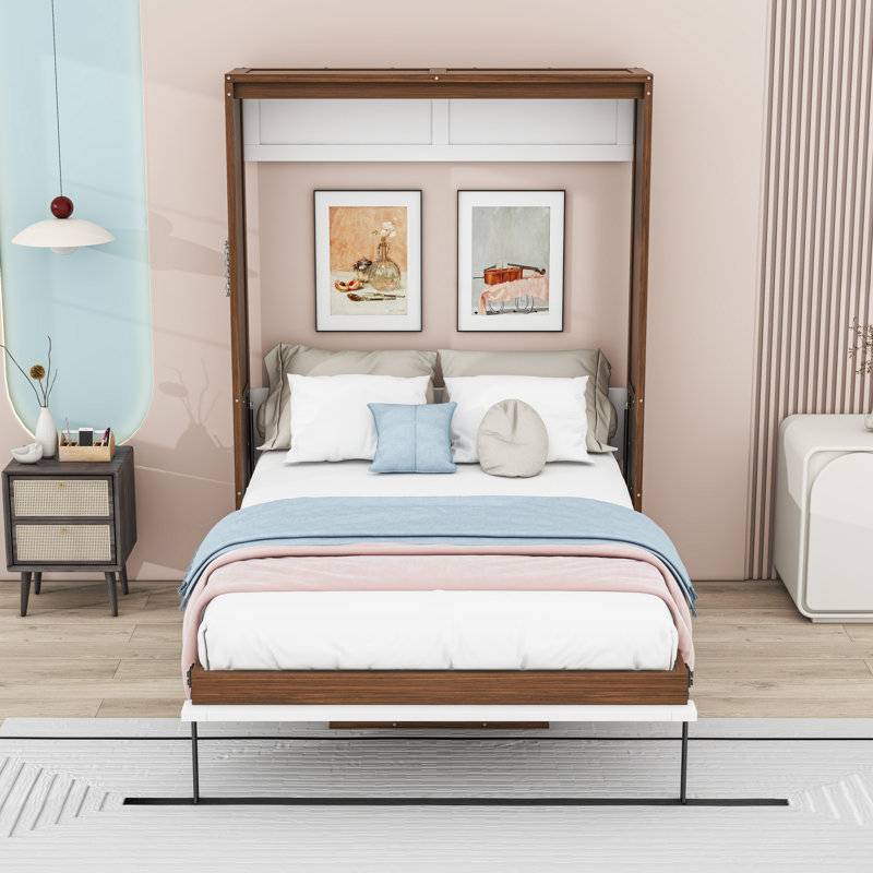 Lit escamotable double en bois avec bureau pliable et lattes, tête de lit, Noyer blanc