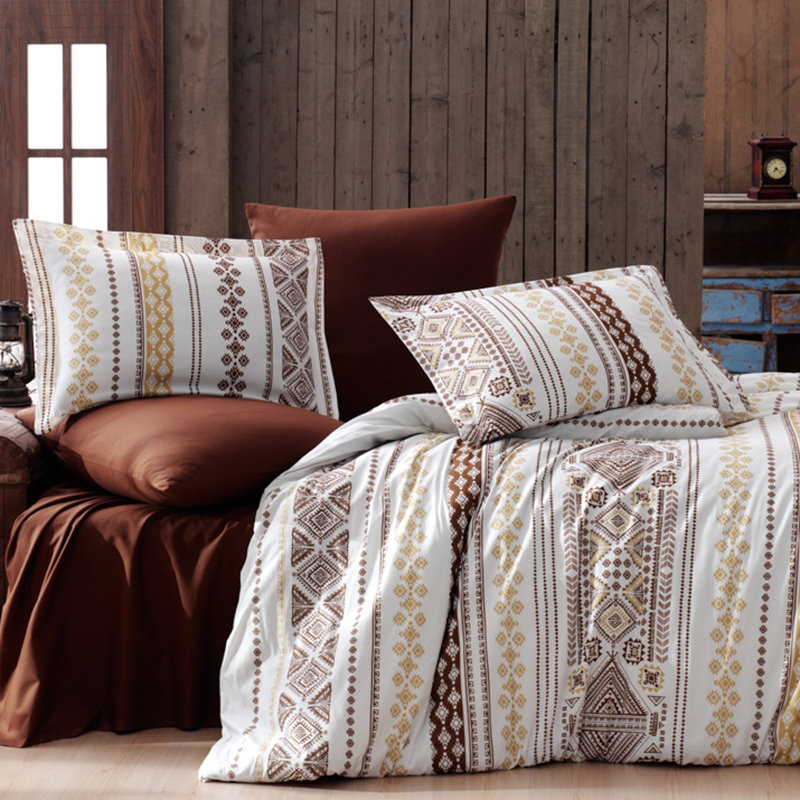 Ensemble de housse de couette 100% coton Bodin blanc / brun / jaune, Housse de couette 63 "x 87" + 2 pièces supplémen