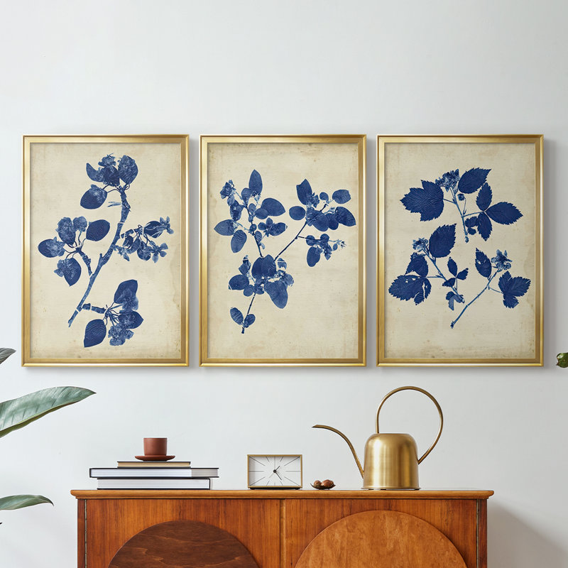 Indigo Leaf Study IV - Toile tendue avec châssis sur mesure - 3 pièces