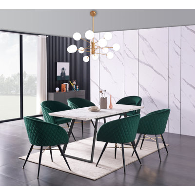 Goddard 6 Person Dining set - a Rectangular Extendable Dining Table with Metal Legs and a Set of 6 Quilted Velvet Dining Chairs for Dining Room - Modern Dining Table Set