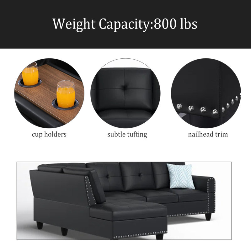 Faux Leather L - Shaped Sectional With Cup Holders 2Pc, Black