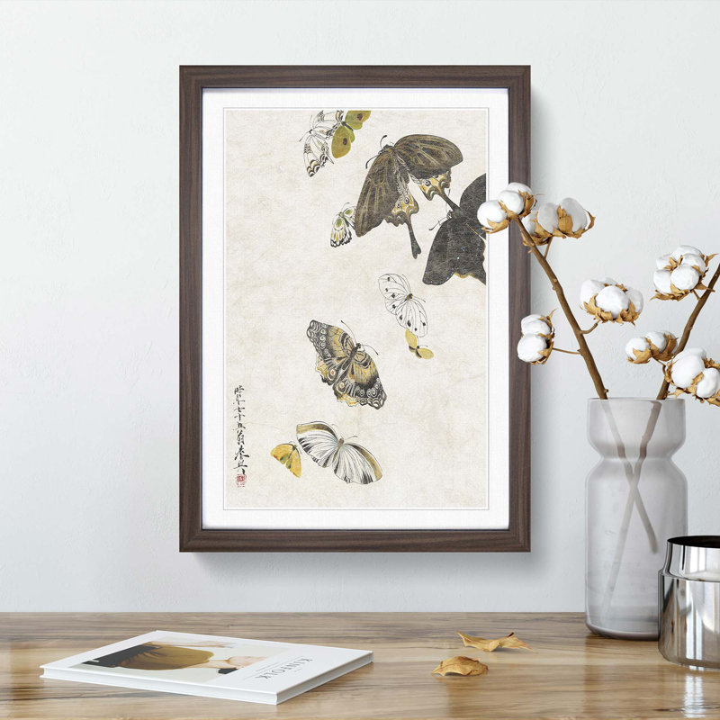 Butterflies by Shibata Zeshin - Picture Frame Art Print, 48cm H x 36cm W x 2cm D, Walnut Framed