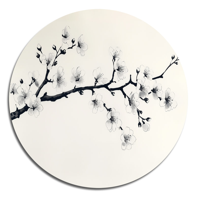 Branche de cerisier en fleurs - Impression d'art mural rond en métal - Fleurs de cerisier, H 23 po x l 23 po