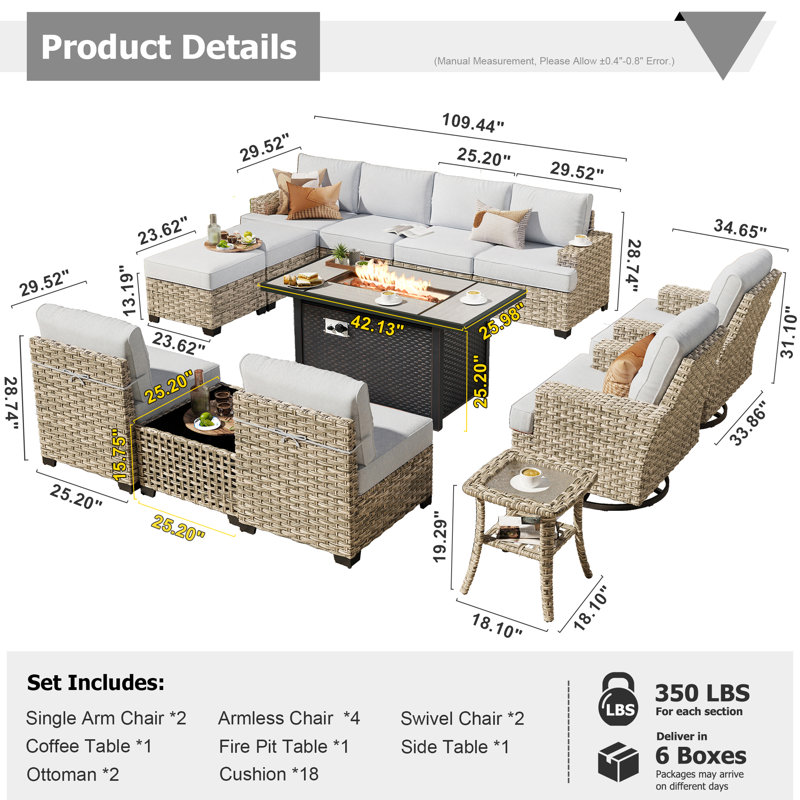 14- Person Rattan Outdoor Seating Group With Swivel Rockers and Fire Pit Table, Light Gray