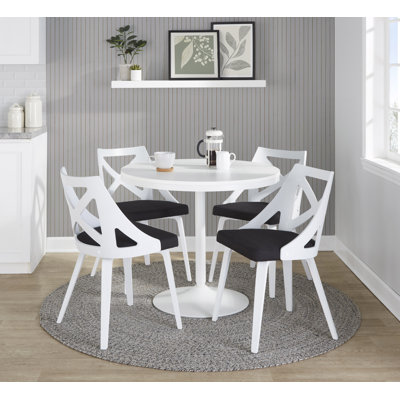 Dakota-Charlotte Contemporary Dining Set In White Metal With Brown Wood-Pressed Grain Bamboo Tabletop And Whitewashed Wood With Blue Fabric - 5 Piece -  LumiSource, DS5-DKTAWW+4CHARLOTFBWTXTCHAR