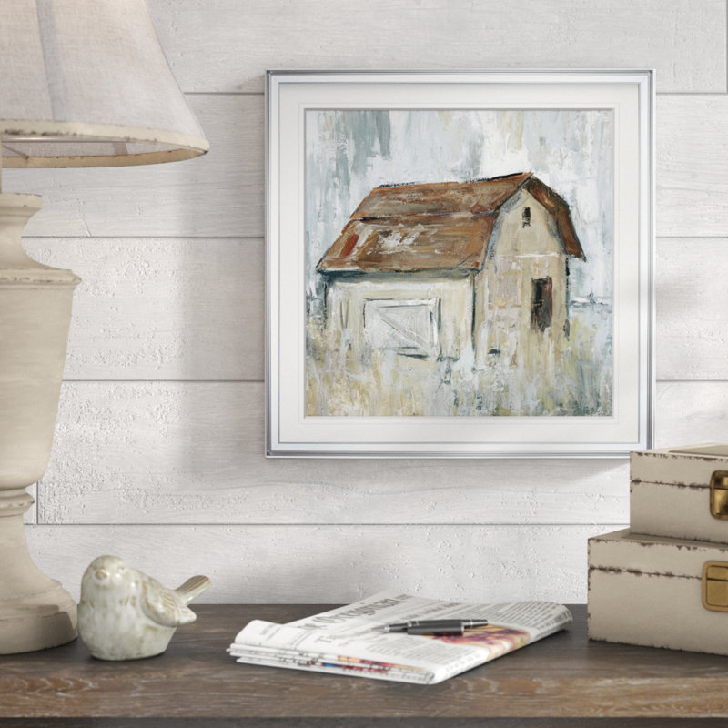 «Barn at Dusk», peinture, H 24 po x l 24 po x 1,5 po, Encadrement argenté