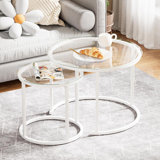 White Nesting Glass Table Set Of 2, Small Glass Round Nesting Tables For Living Room Bedroom, Accent Tea Table With Metal Frame Modern Industrial Simple