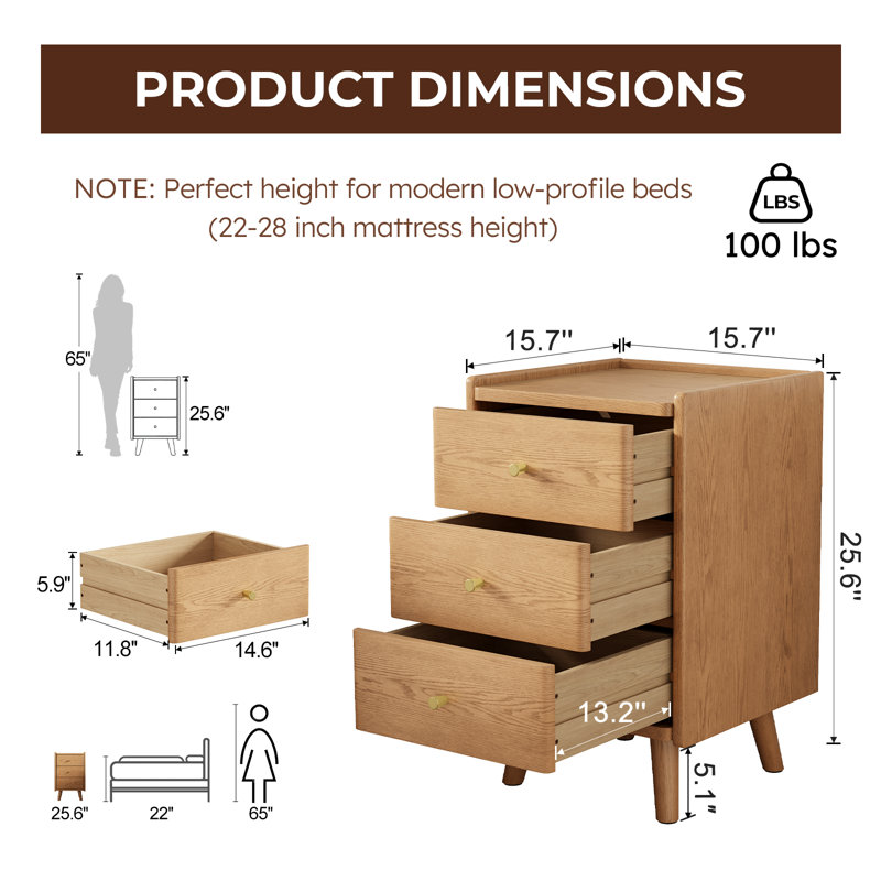 Solid Wood Mid‑Century Modern 3‑Drawer Bedroom Nightstand, Tan, 25.59" H