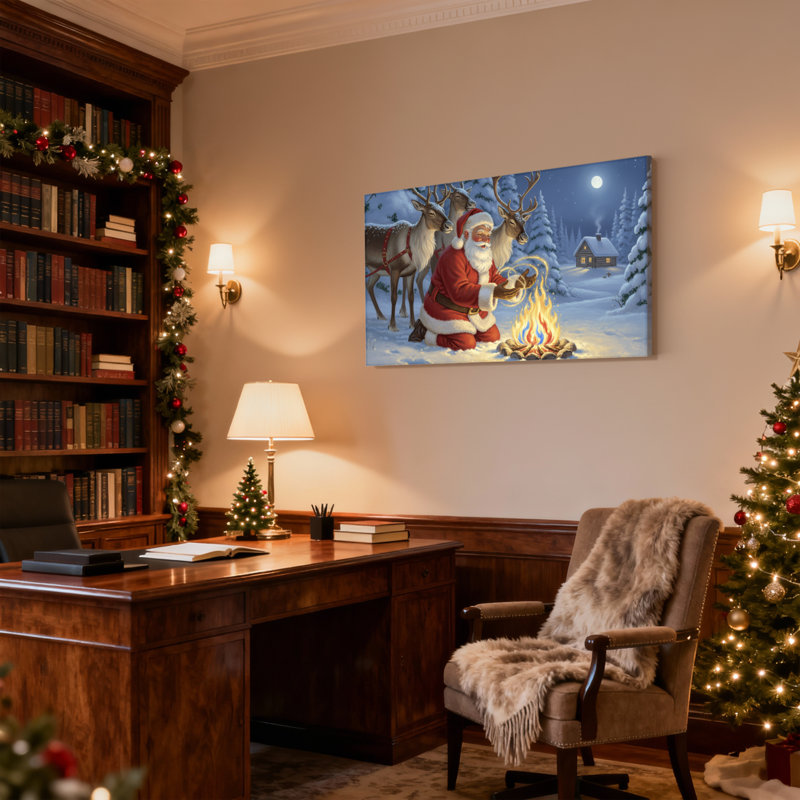 Noël, père Noël, renne, feu de camp, nuit d'hiver, ensemble de 3 impressions sur toile, H 12 po x l 18 po
