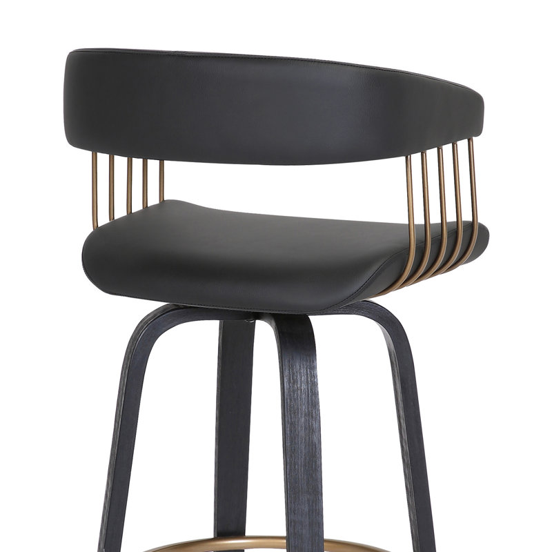 Lynnon Swivel Counter or Bar Height Bar Stool in Faux Leather, Wood and Golden Bronze Metal, Bar Stool (30.5" Seat Height)