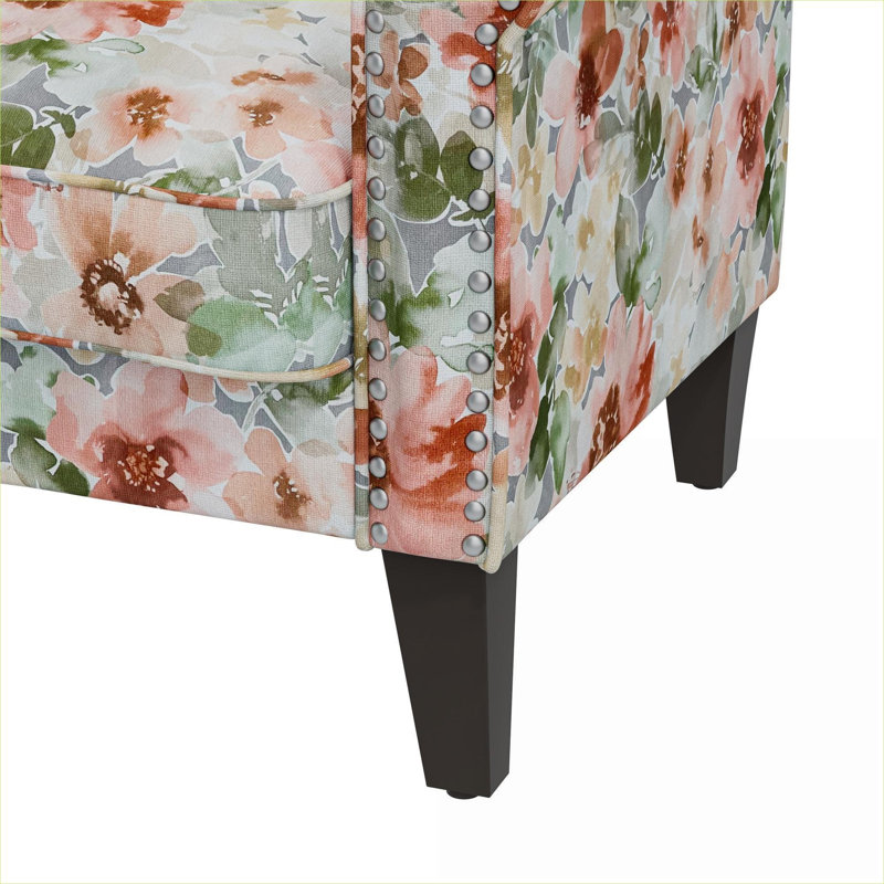 Fauteuil d'appoint compact avec garniture cloutée florale avec pieds en bois massif, revêtement en polyester vert classique