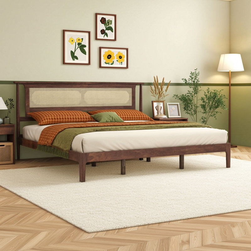 Cadre de lit plateforme en bois avec tête de lit et pieds centraux en rotin, King, Noyer