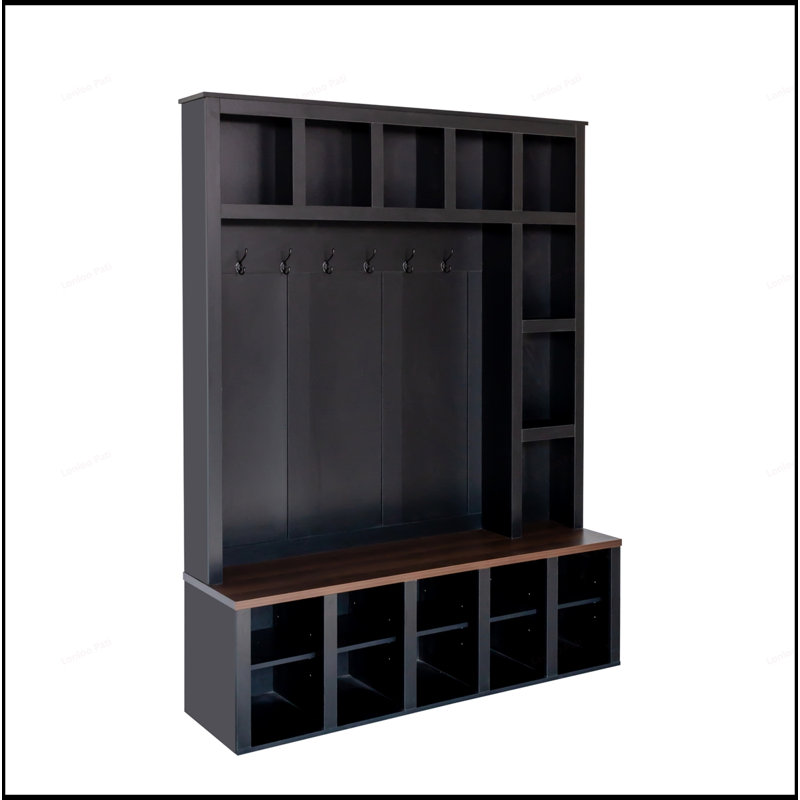 Versatile Wooden Hall Tree with Hooks, Adjustable Shelves, and Storage Bench for Organized Entryways, Black