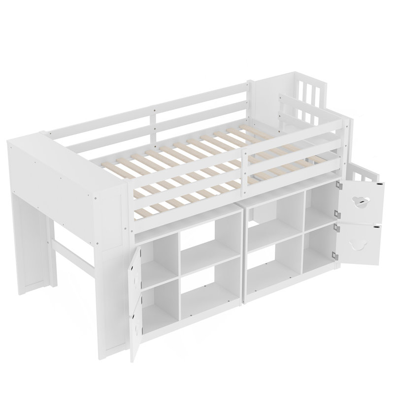Lit mezzanine simple simple avec tablettes, tête de lit et escalier, Blanc