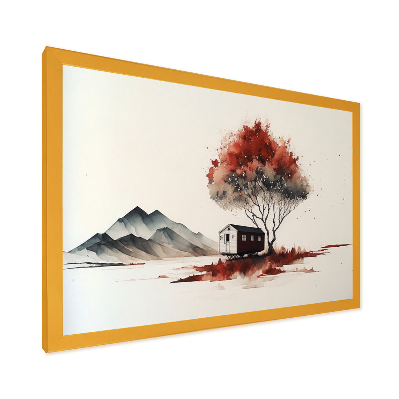 «Red Watercolor Tree» par a Little Countryhouse I - reproduction sur toile, H 34 po x l 44 po x P 1,5 po, Encadrement doré