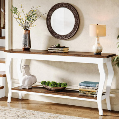 Console rétro française de 70,9 po - très longue table de canapé derrière le canapé avec 2 tablettes, rangement blanc et brun pour les grands canapés modulaires, le couloir et le salon