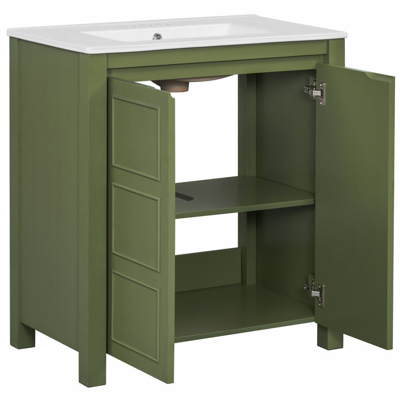 Meuble-lavabo Farmhouse avec lavabo en céramique, Vert olive