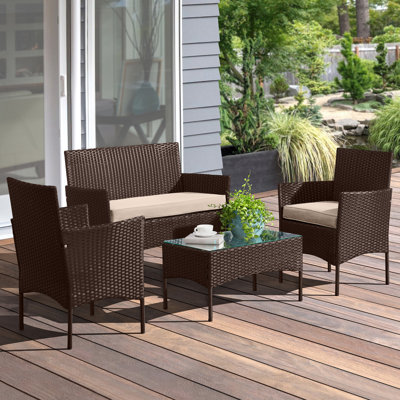 Masaki 4-Piece Patio Furniture Set - Rattan Outdoor Couch, 2 Patio Chairs, and Table Combo - Cushioned Deck, Pool, or Porch Furniture by Lavish Home by Winston Porter