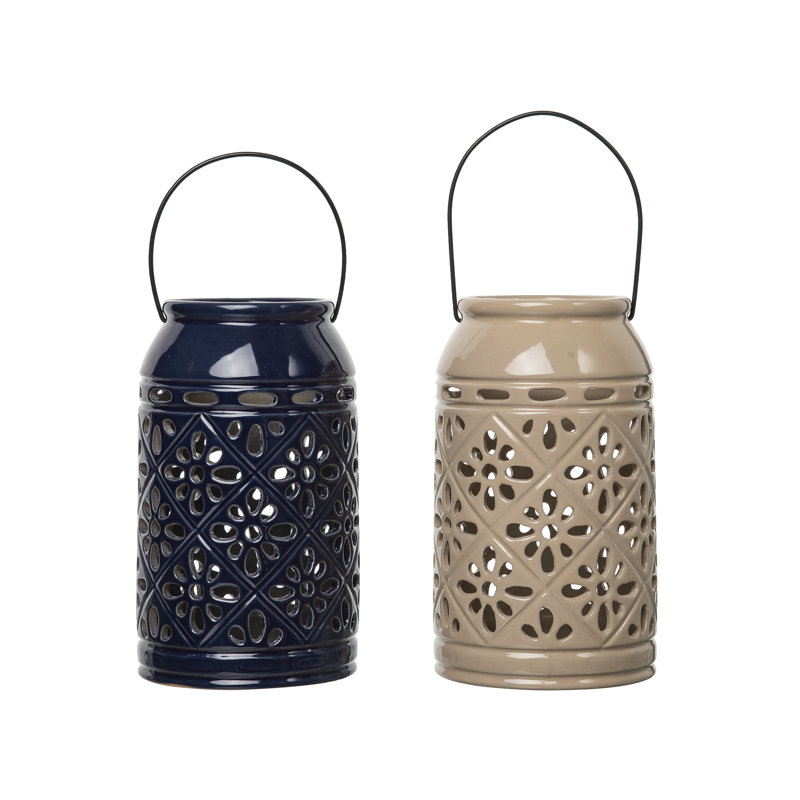 Transpac Stoneware Flower Lantern Set of 2 Spring Home Decorations