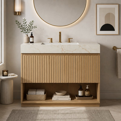 Meuble-lavabo autoportant de 36 pouces avec plateau en pierre frittée crème, cuve en céramique et trois trous de robinet pré-percés