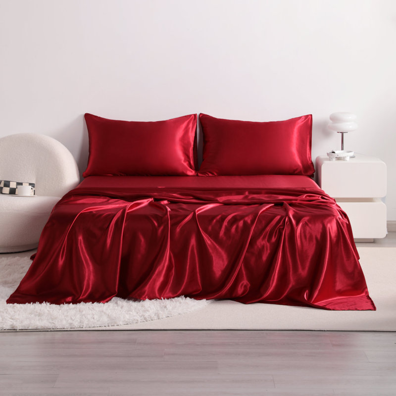 Ensemble de draps en satin 4 pièces Luxury, Couvre-lit très grand + 4 pièces supplémentaire, Claret