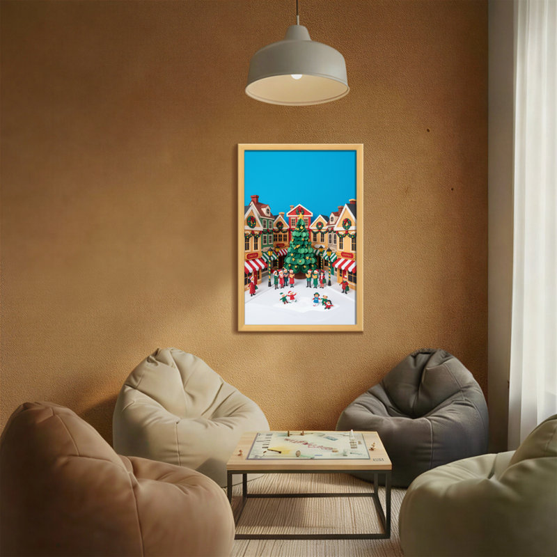 Scène de village de Noël avec un arbre et des gens, H 36 po x l 24 po