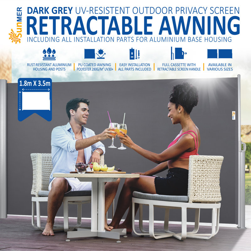 Aluminium Full Cassette Retractable Side Awning, 180cm H x 350cm W x 9cm D