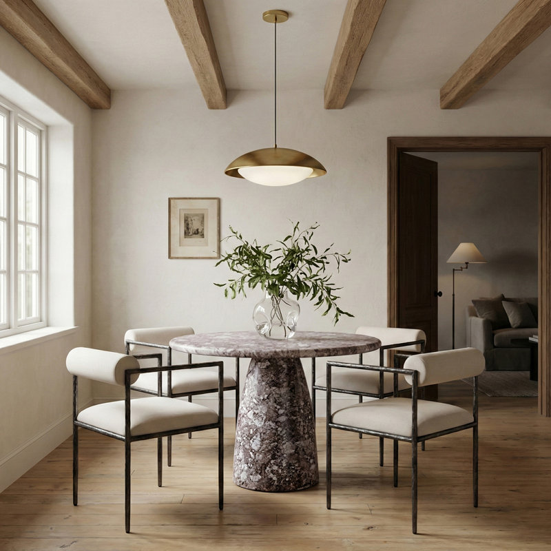 Chaise de salle à manger rembourrée Axis, Laiton brossé, Tissu texturé en lin crème