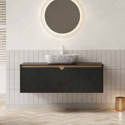 Meuble-lavabo mural flottant avec lavabo et portes doubles à fermeture en douceur et plateau en pierre frittée