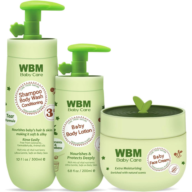 Ensemble-cadeau WBM Baby Care, shampooing et lavage du corps 3-en-1, crème hydratante pour le visage et lavage naturel des mains