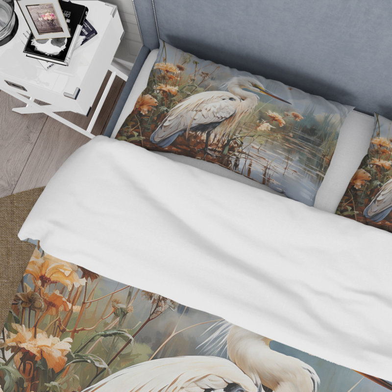 Ensemble de housse de couette White Peach Heron Herons Haven Bedding, Housse de couette simple + 1 taie décorative stan