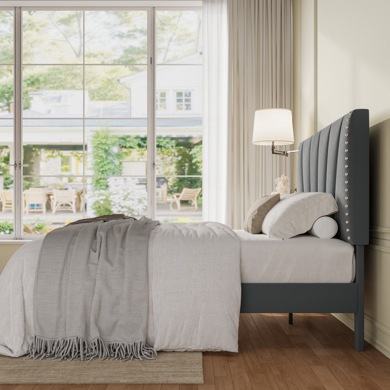 Velvet Upholstered Platform Bed Frame With Tufted Headboard And Nailhead Trim, Adjustable Height, No Box Spring Needed, Gray