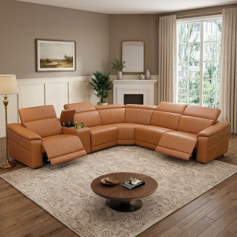 Canapé d'angle Halo 225 po en cuir respirant, 6 pièces, inclinable électriquement, avec console de rangement et appui-tête réglable.