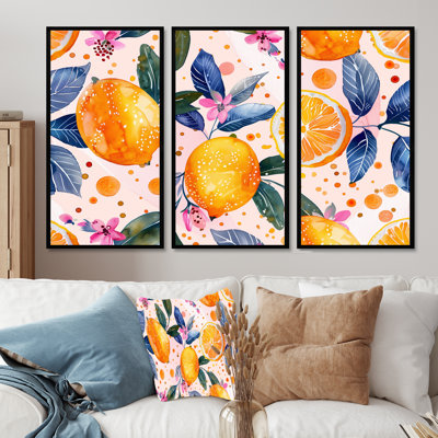 Yellow Pink Floral Orange Trees II - Fruits Wall Art Living Room Set