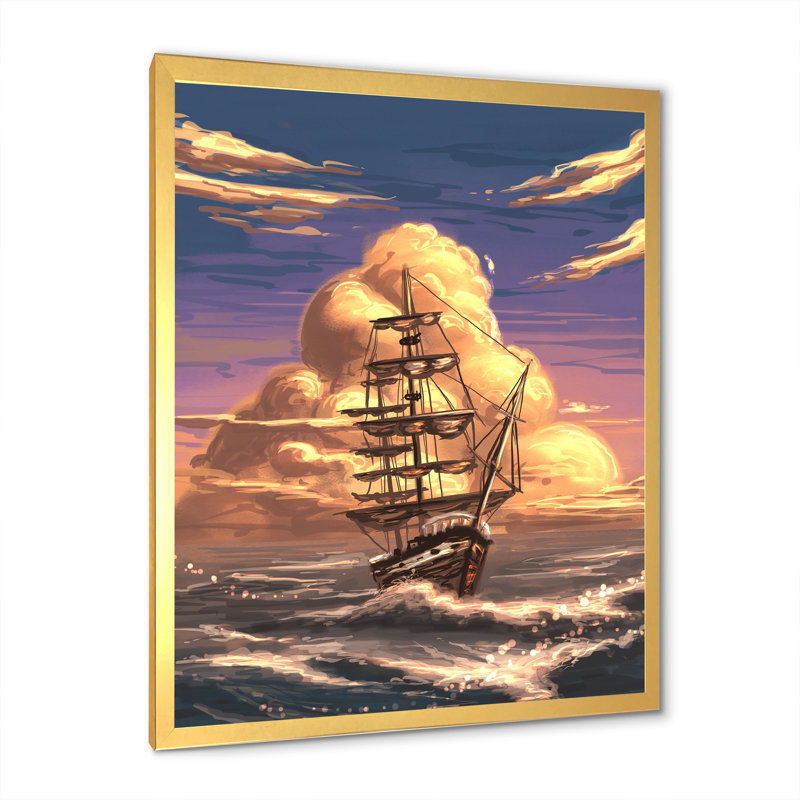 «Video Game Fantasy Ship Coastal Sunset», reproduction de photo sur toile, H 40 po x l 30 po x P 1,5 po, Cadre photo doré