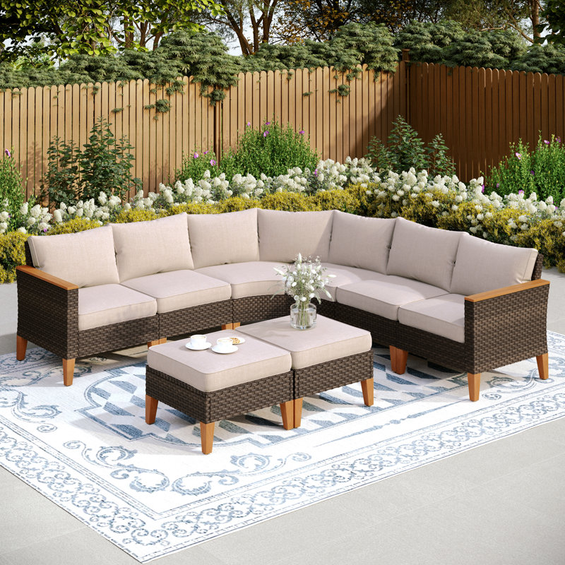 All Weather Wicker/Rattan 8 - Person Seating Group with Cushion, Beige