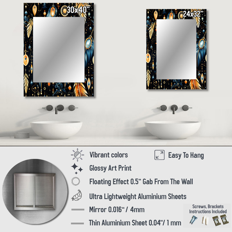 Alaris bleu Boho Chic Feathers Charms - miroir boho, miroir mural unique Boho, impression d'art en métal, 32 po x 24 po